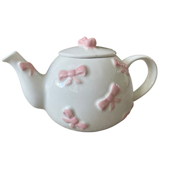 Lang Design Hand Painted Pink Bow Ceramic Teapot and Set of 2 Mugs New - Picture 2 of 16